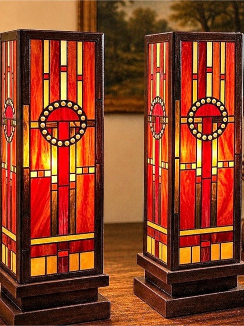 Stained Glass Table Lamps Pair in Red & Brown